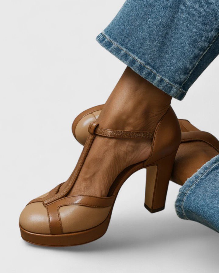 Corvelle | Women's Block Heels T-Strap Platform Pump - Camel - Image 1
