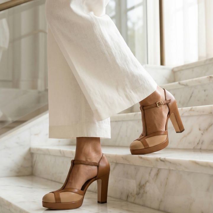 Corvelle | Women's Block Heels T-Strap Platform Pump - Camel - Image 10