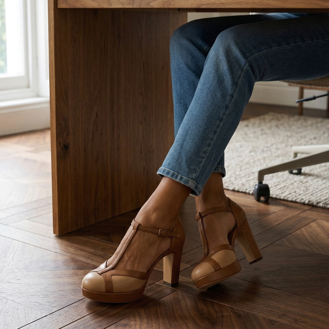 Corvelle | Women's Block Heels T-Strap Platform Pump - Camel - Image 11