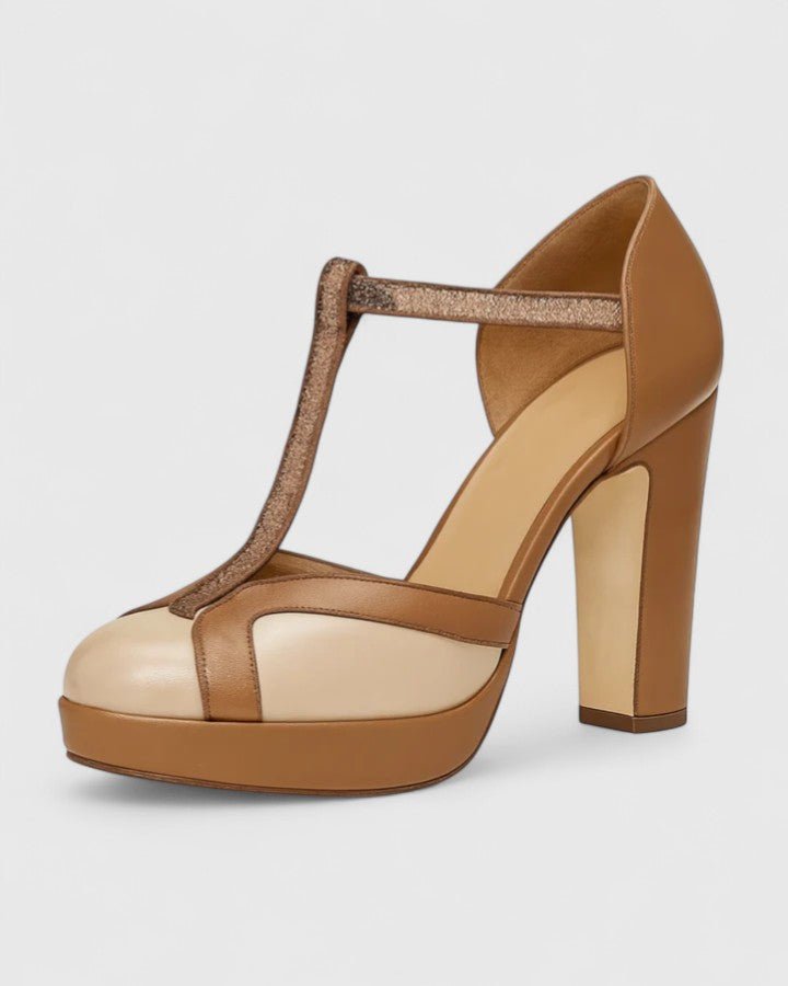 Corvelle | Women's Block Heels T-Strap Platform Pump - Camel - Image 2