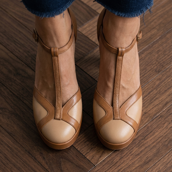 Corvelle | Women's Block Heels T-Strap Platform Pump - Camel - Image 3