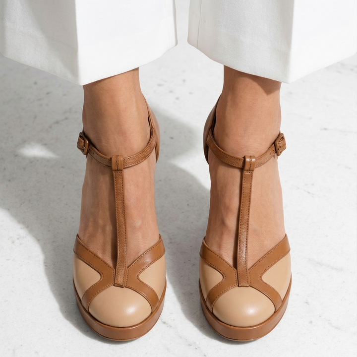 Corvelle | Women's Block Heels T-Strap Platform Pump - Camel - Image 5