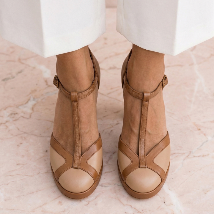 Corvelle | Women's Block Heels T-Strap Platform Pump - Camel - Image 6