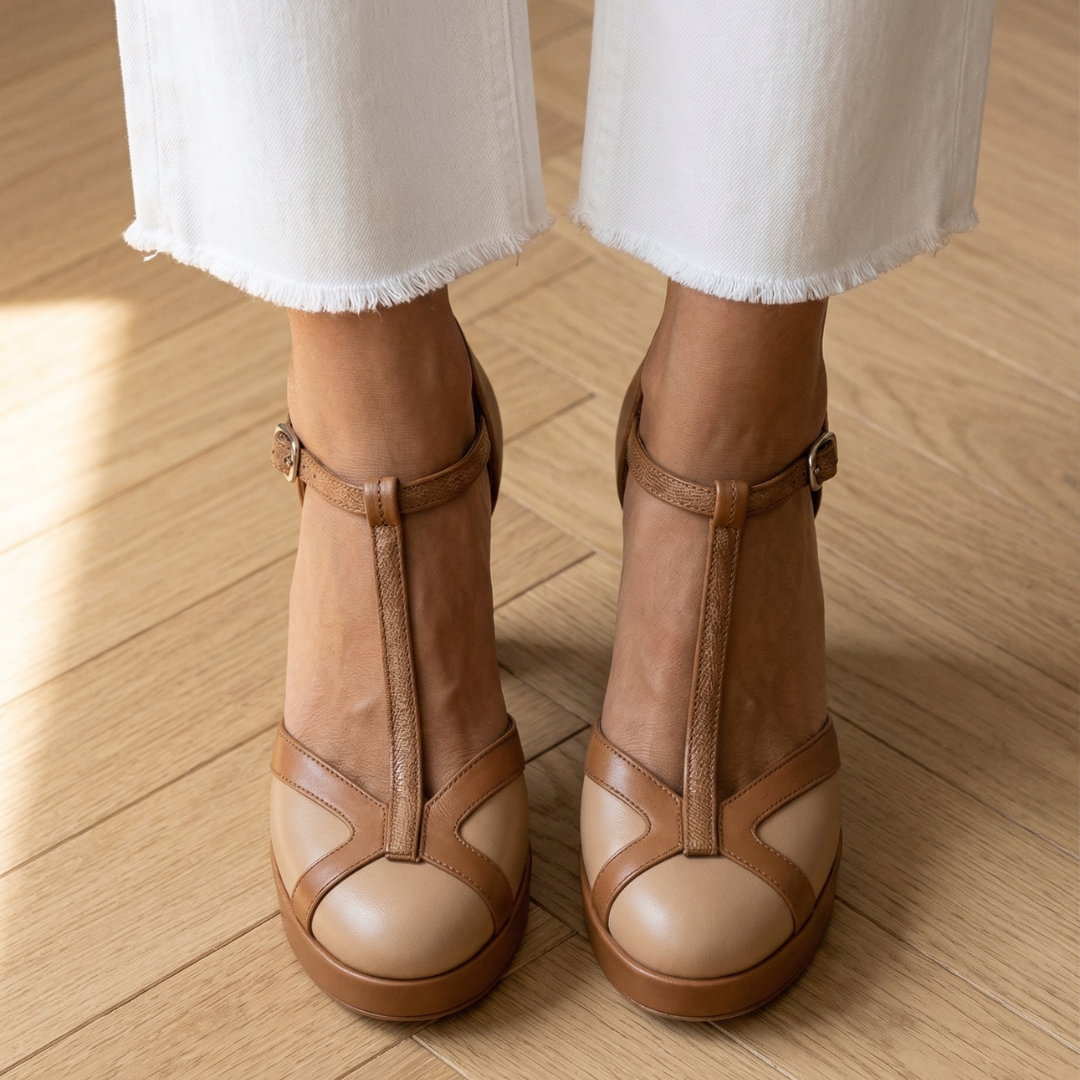 Corvelle | Women's Block Heels T-Strap Platform Pump - Camel - Image 8