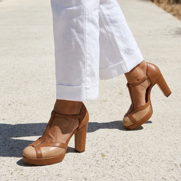 Corvelle | Women's Block Heels T-Strap Platform Pump - Camel - Image 9