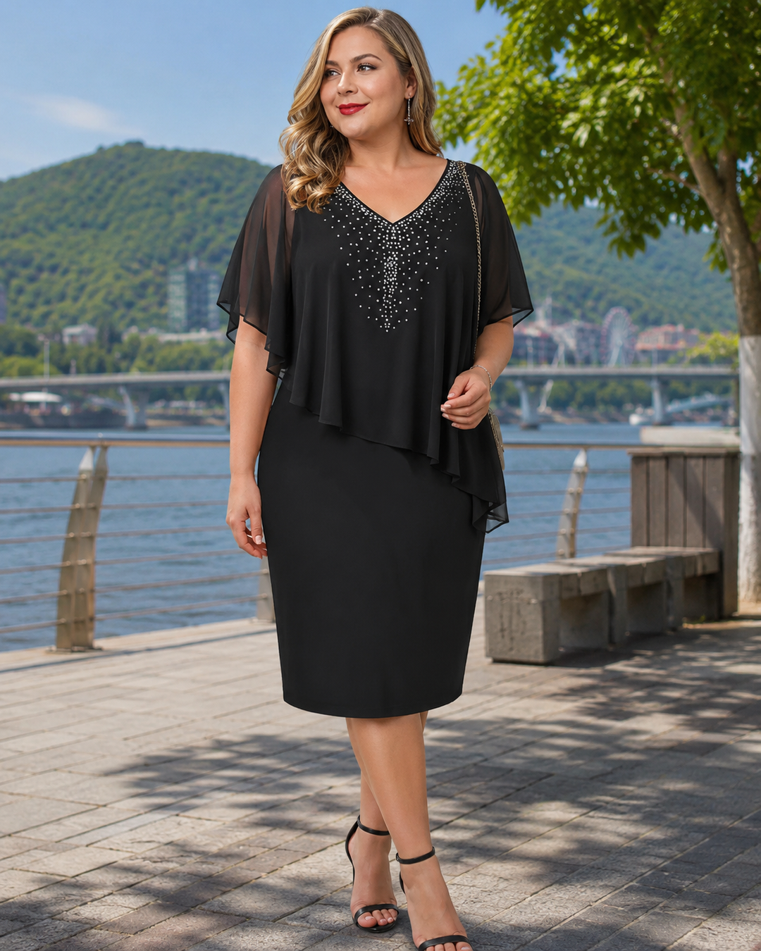 Corvelle | Women's Cocktail Dress Cape Overlay Midi - Black - Image 1