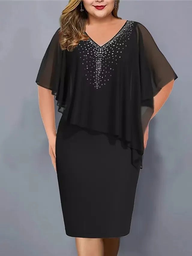 Corvelle | Women's Cocktail Dress Cape Overlay Midi - Black - Image 2