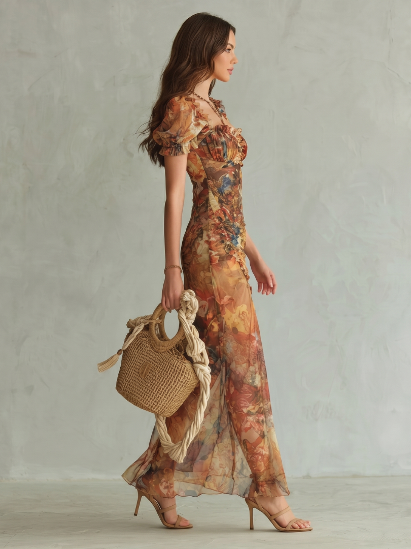 Corvina | Women's Floral Ruched Midi Dress with Front Slit - Image 2