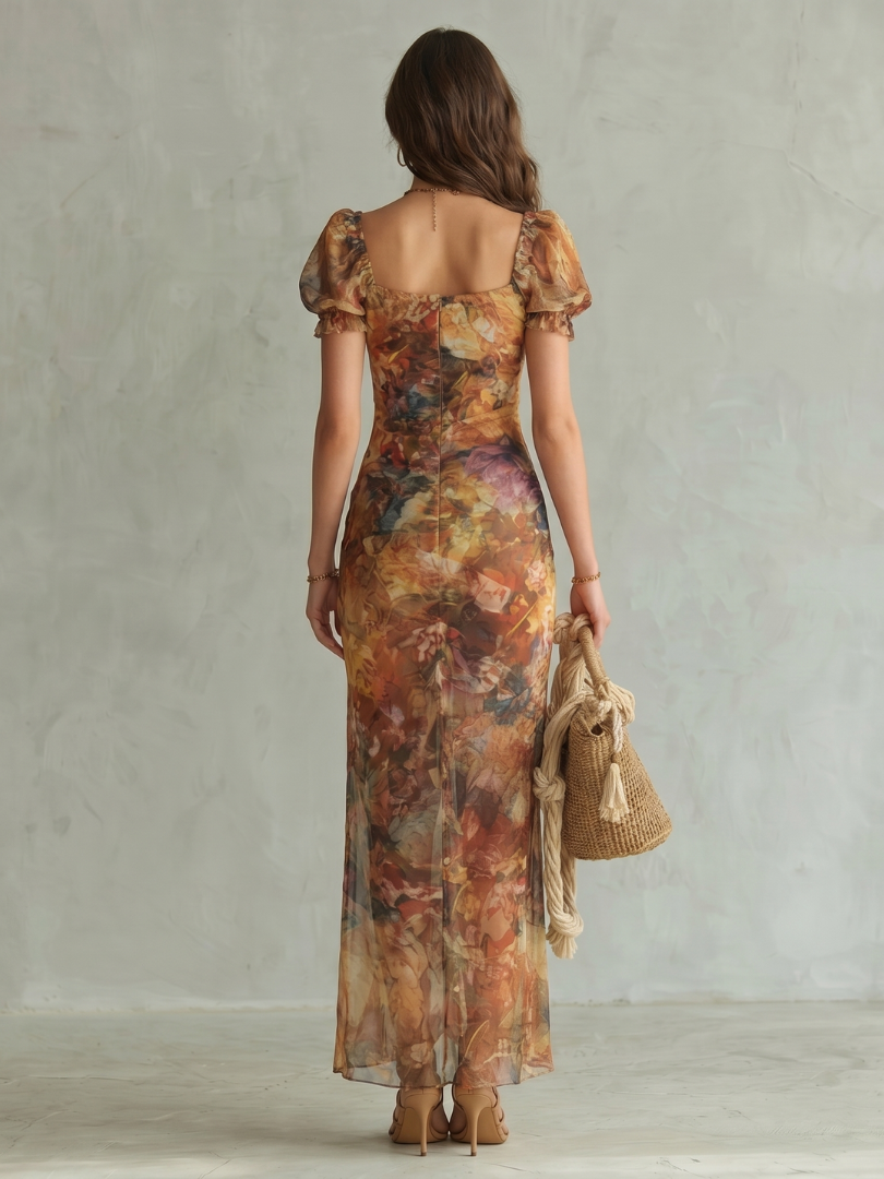 Corvina | Women's Floral Ruched Midi Dress with Front Slit - Image 4