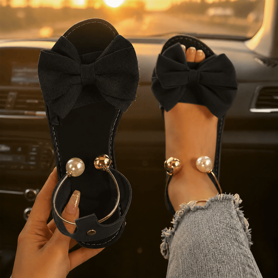 Corwyn | Women's Bow Flat Sandals with Pearl Ankle Cuff - Cream - Image 16