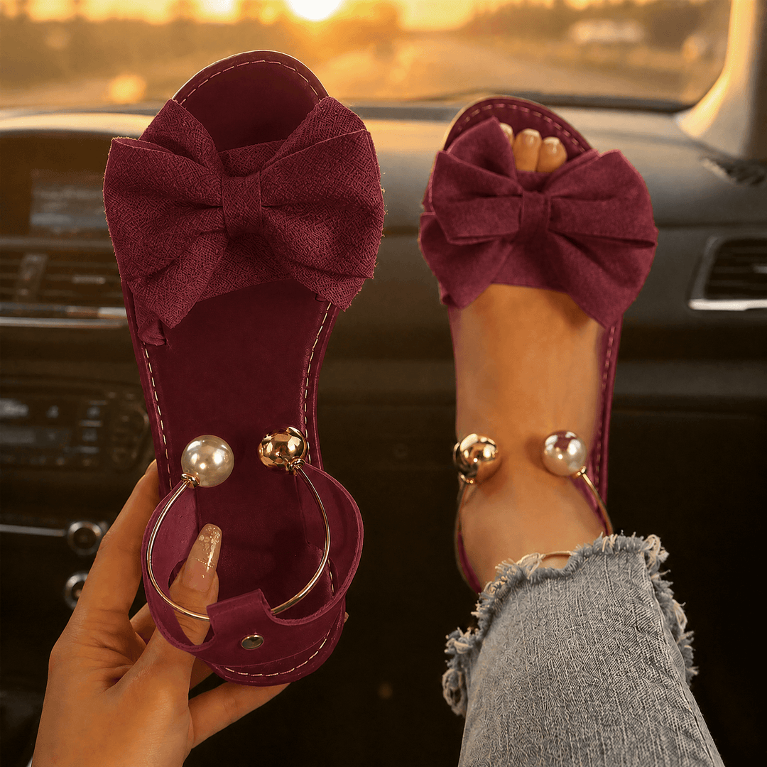 Corwyn | Women's Bow Flat Sandals with Pearl Ankle Cuff - Cream - Image 19