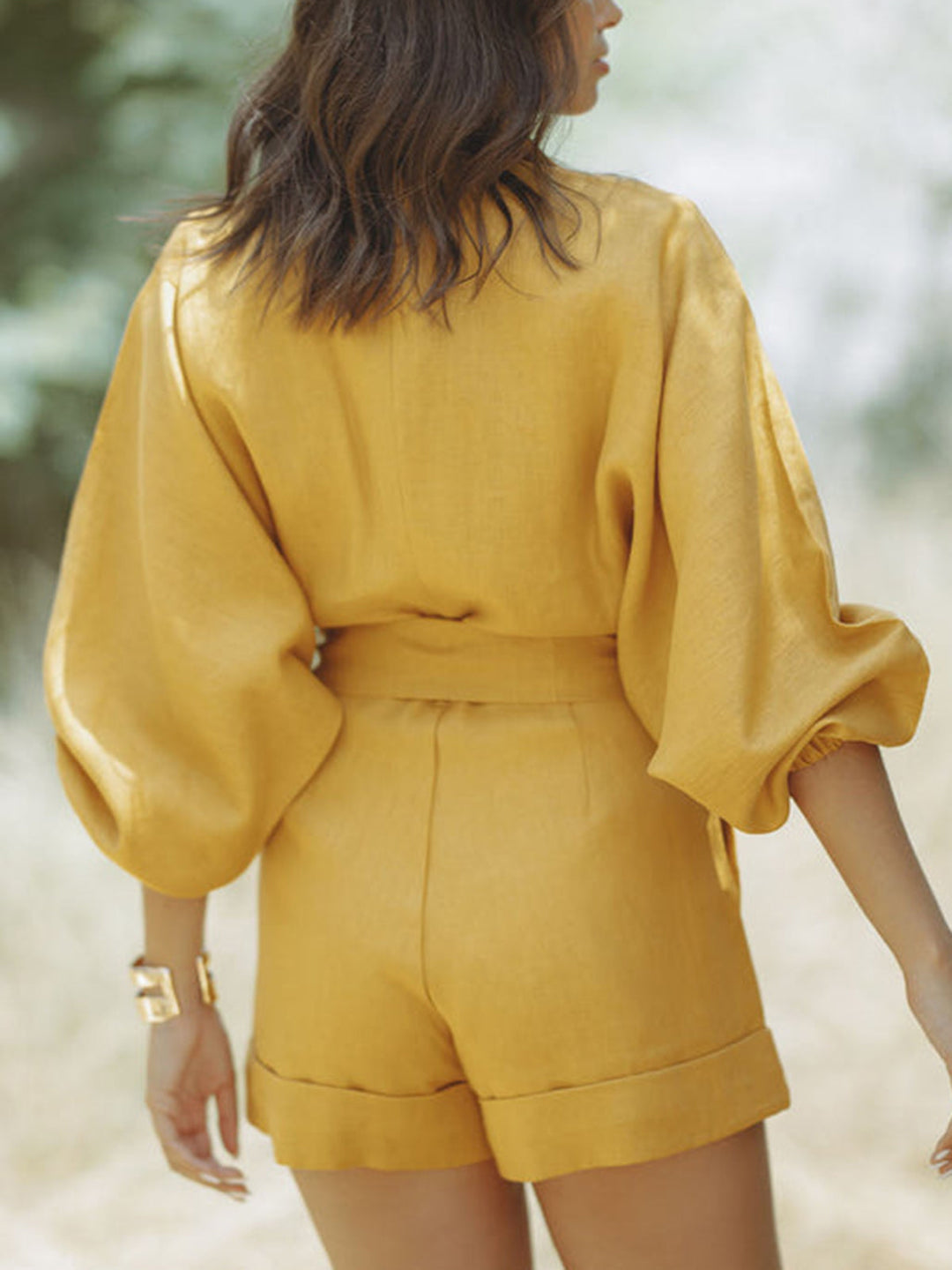 Maia | Women's Linen Belted Shorts Jumpsuit Long Sleeve Casual