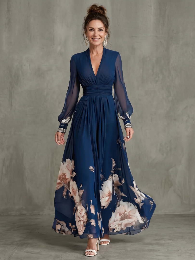 Cressida | Women's Floral Maxi Dress Long Sleeve - Navy - Image 1