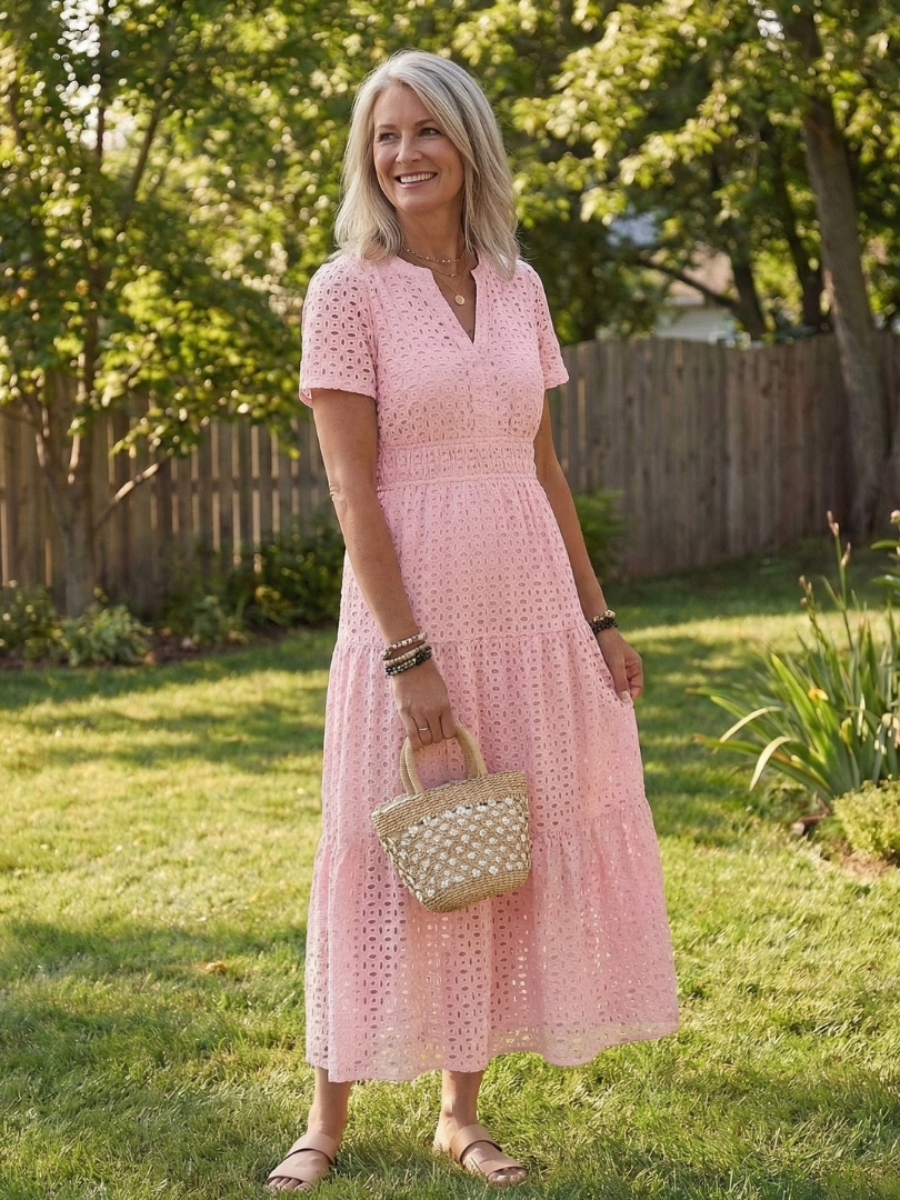 Cressida | Women's Pink Eyelet Tiered Midi Dress - Pink - Image 1