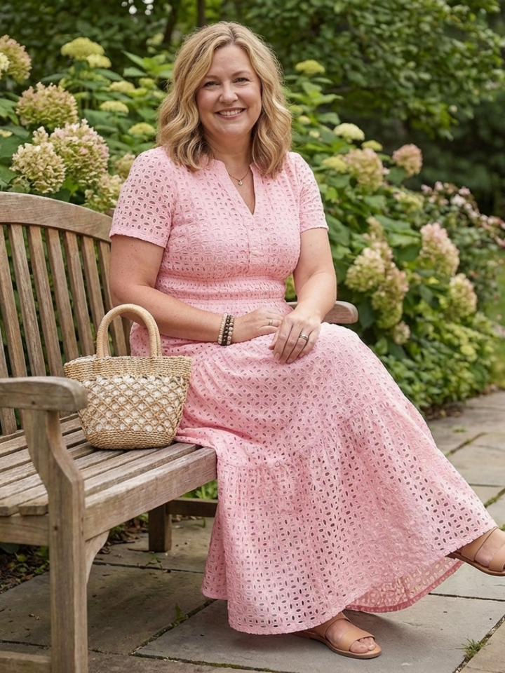 Cressida | Women's Pink Eyelet Tiered Midi Dress - Pink - Image 2