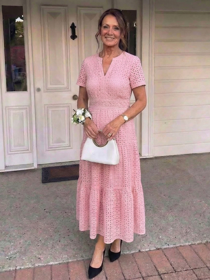 Cressida | Women's Pink Eyelet Tiered Midi Dress - Pink - Image 3