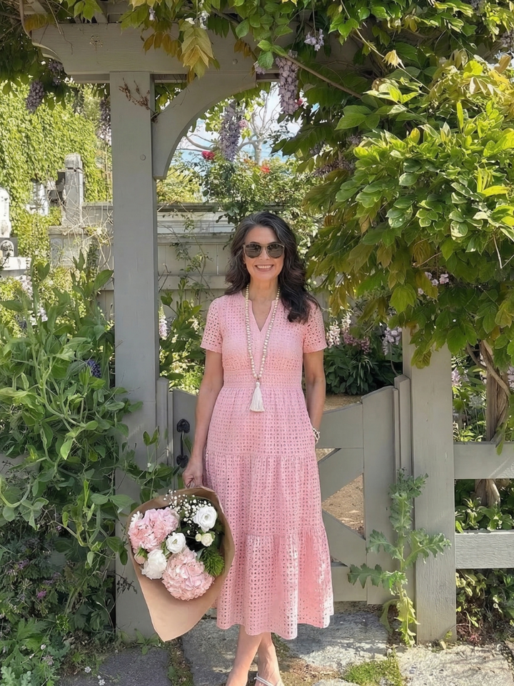 Cressida | Women's Pink Eyelet Tiered Midi Dress - Pink - Image 4