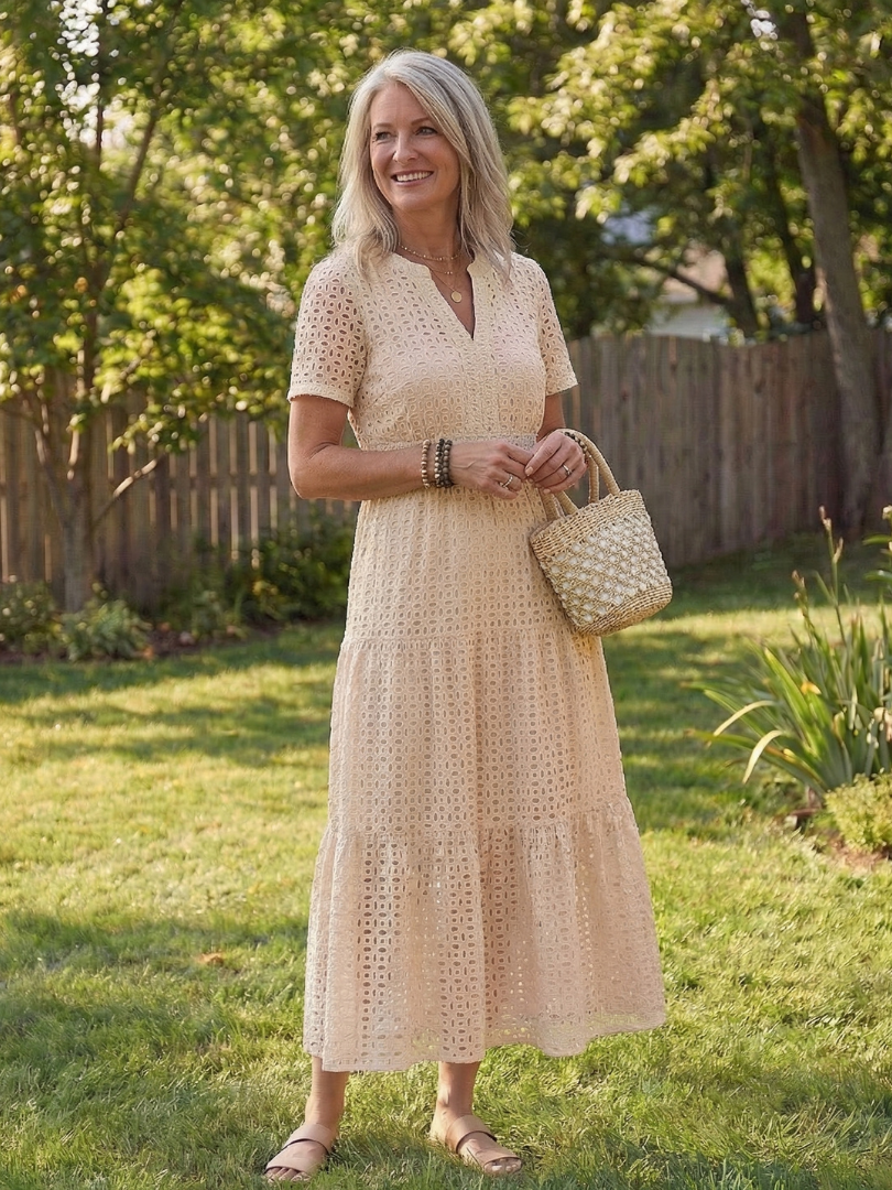 Cressida | Women's Pink Eyelet Tiered Midi Dress - Pink - Image 8