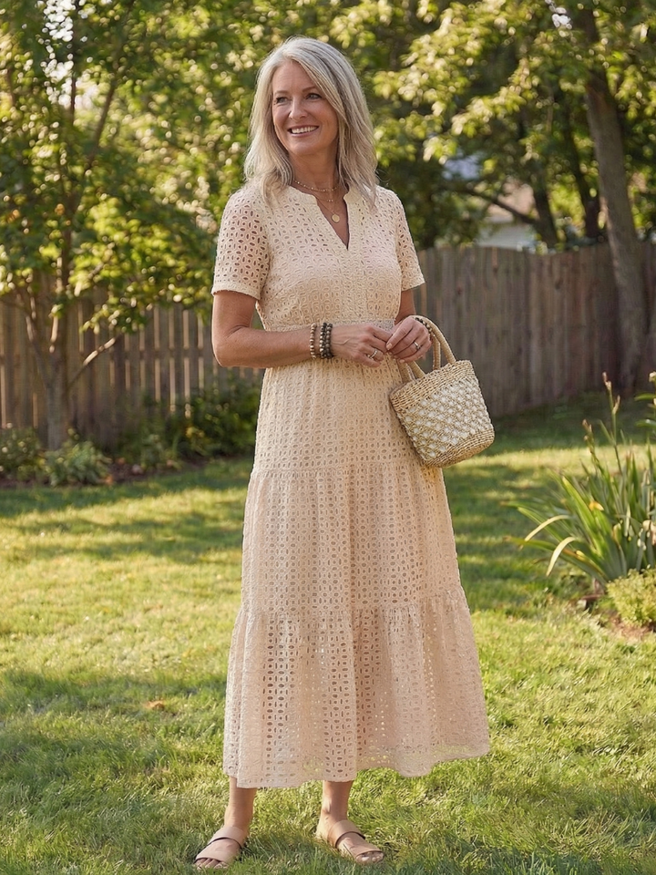 Cressida | Women's Pink Eyelet Tiered Midi Dress - Pink - Image 8