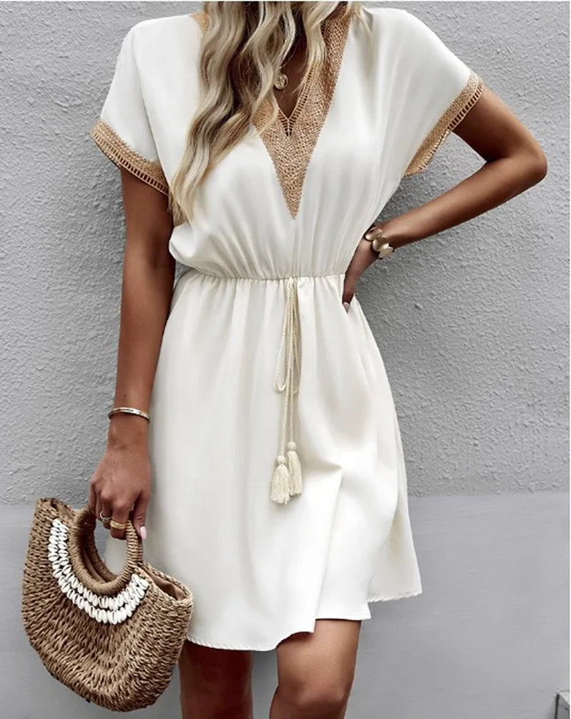 Cresswyn | Women's Boho Mini Dress with Crochet Detail - White - Image 1