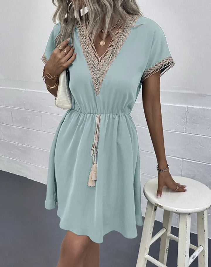 Cresswyn | Women's Boho Mini Dress with Crochet Detail - White - Image 2
