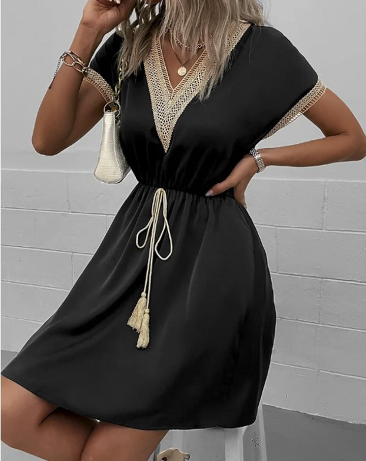 Cresswyn | Women's Boho Mini Dress with Crochet Detail - White - Image 3