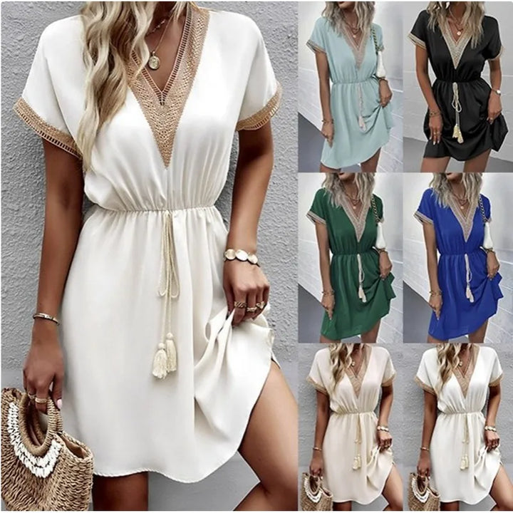 Cresswyn | Women's Boho Mini Dress with Crochet Detail - White - Image 6