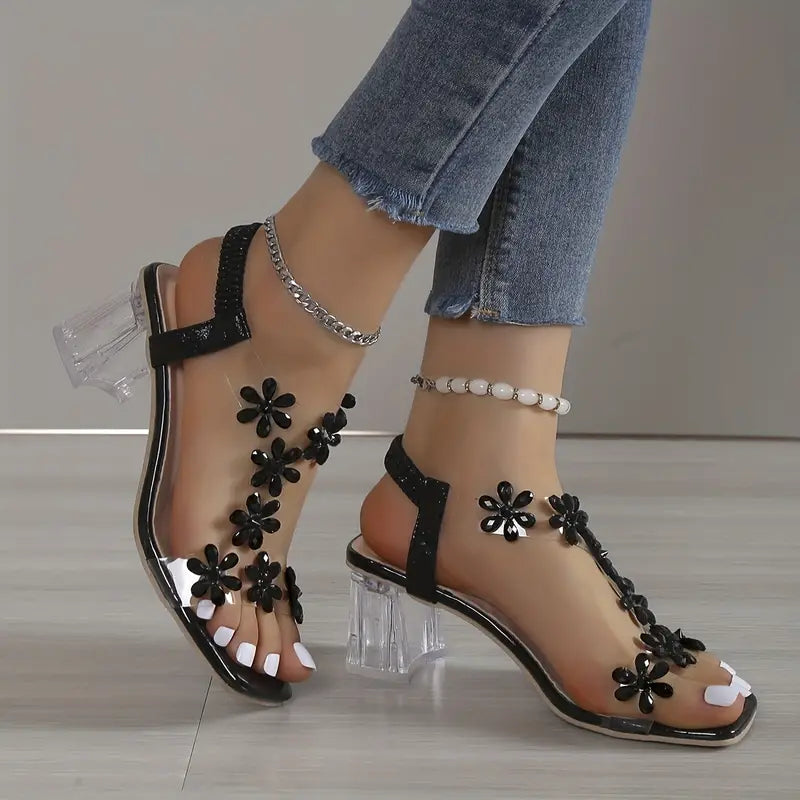 Frieda™ | Women's Flower Rhinestone Block Heel Sandals