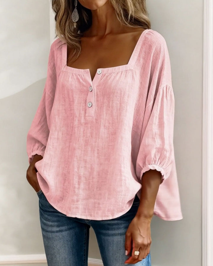 Daisy | Women's Square Neck Puff Sleeve Linen Blouse 3/4 Sleeve