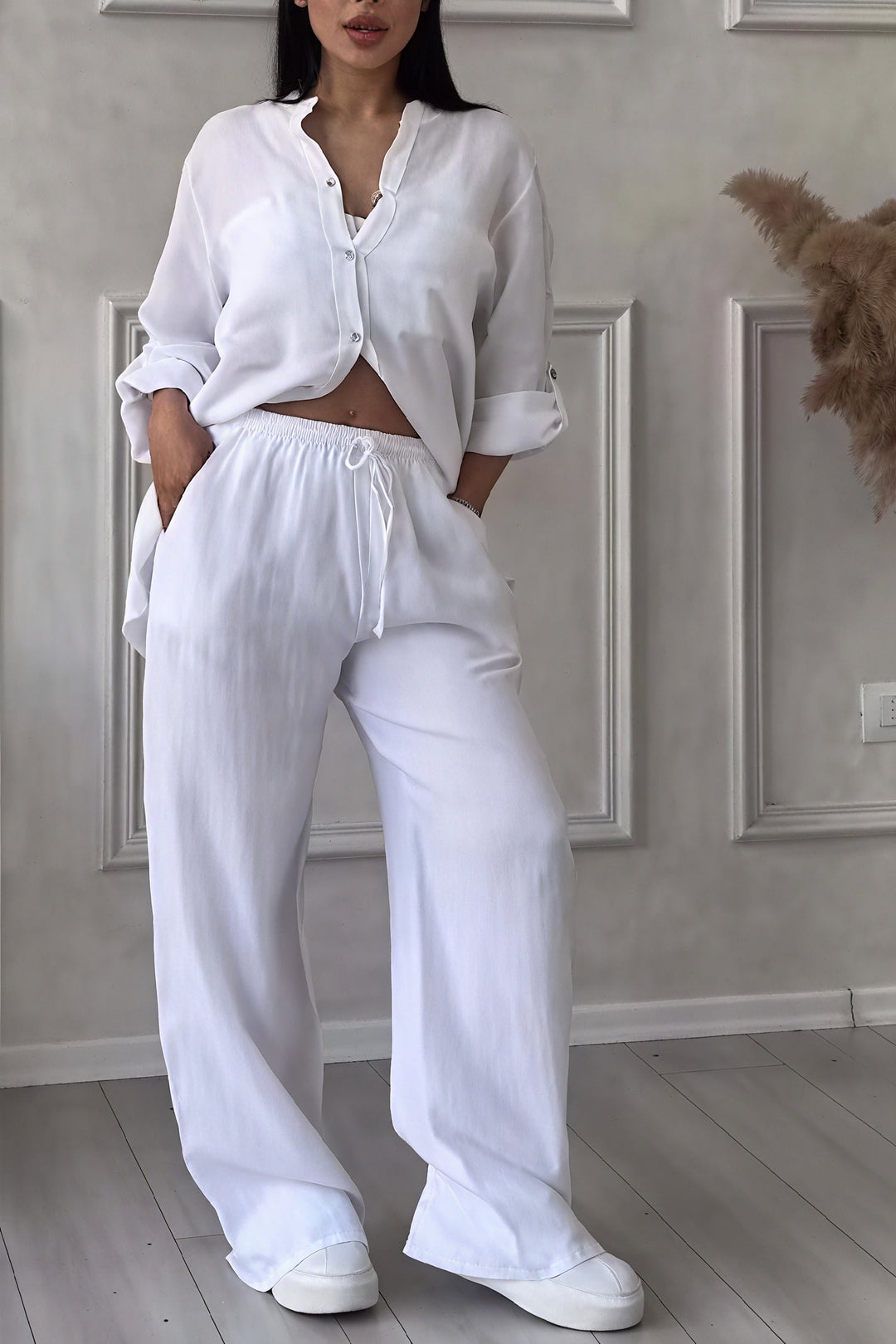 Dahlia | Women's Button Up Wide Leg Two Piece Set - White - Image 1