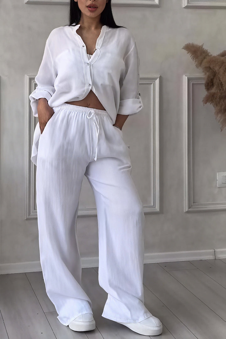 Dahlia | Women's Button Up Wide Leg Two Piece Set - White - Image 1