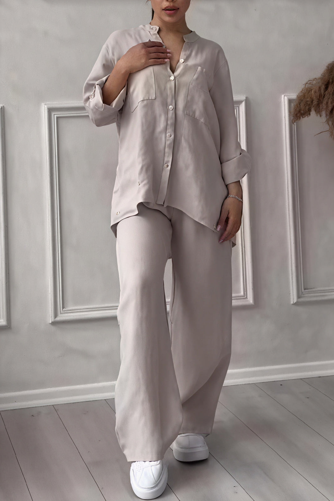 Dahlia | Women's Button Up Wide Leg Two Piece Set - White - Image 10