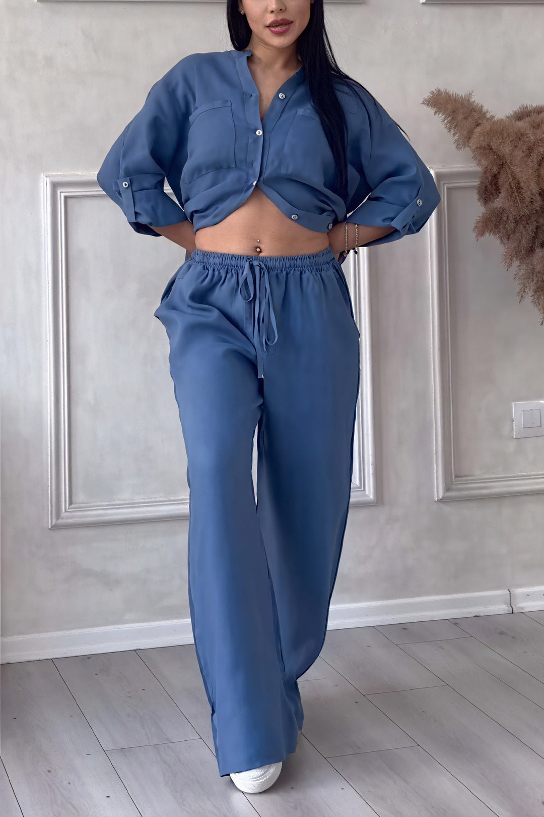 Dahlia | Women's Button Up Wide Leg Two Piece Set - White - Image 11