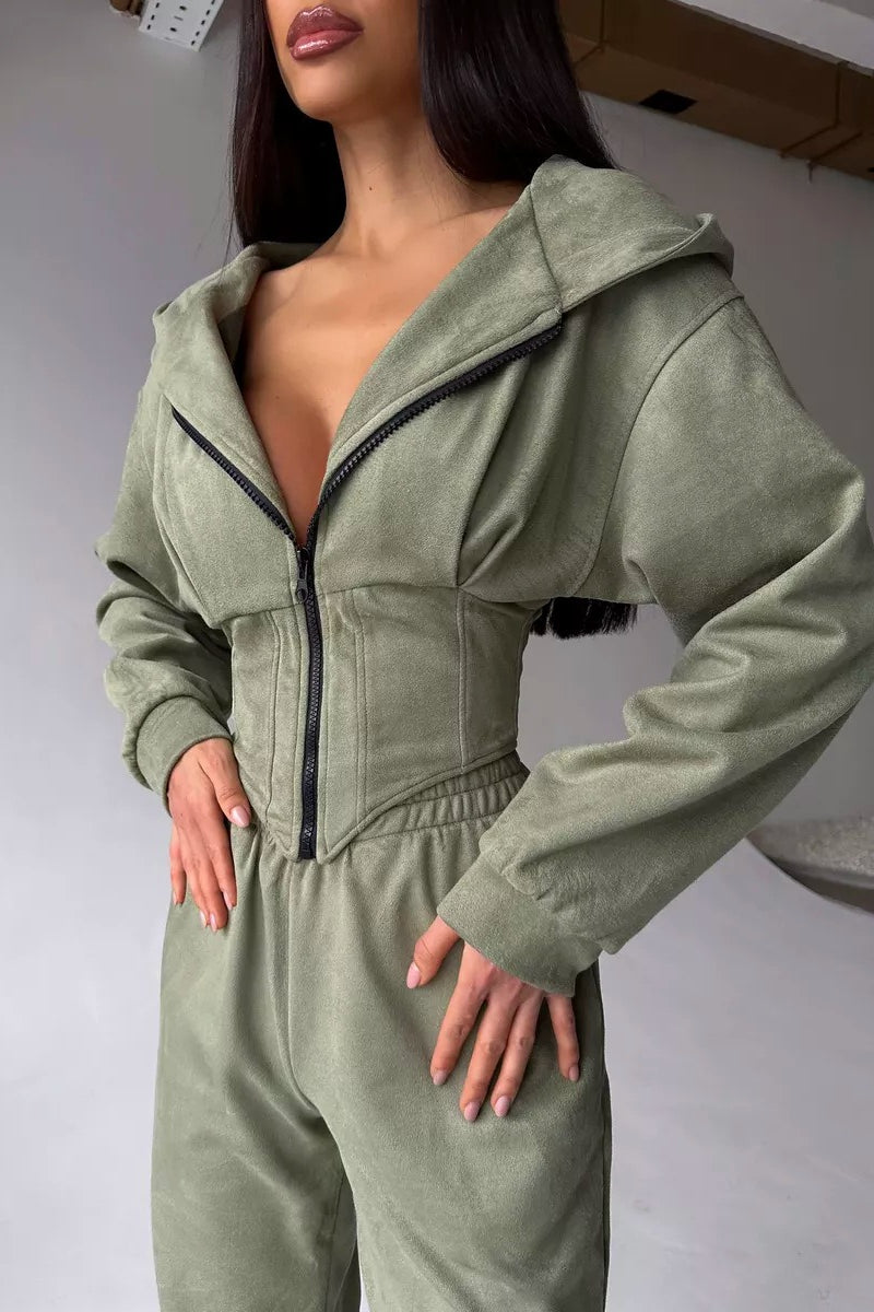 Darvina | Women's Hooded Zip Jumpsuit Set - Sage - Image 1