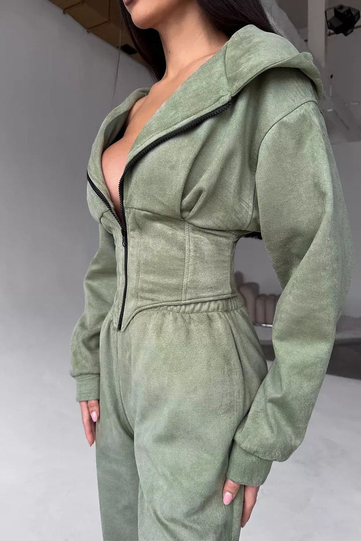 Darvina | Women's Hooded Zip Jumpsuit Set - Sage - Image 2
