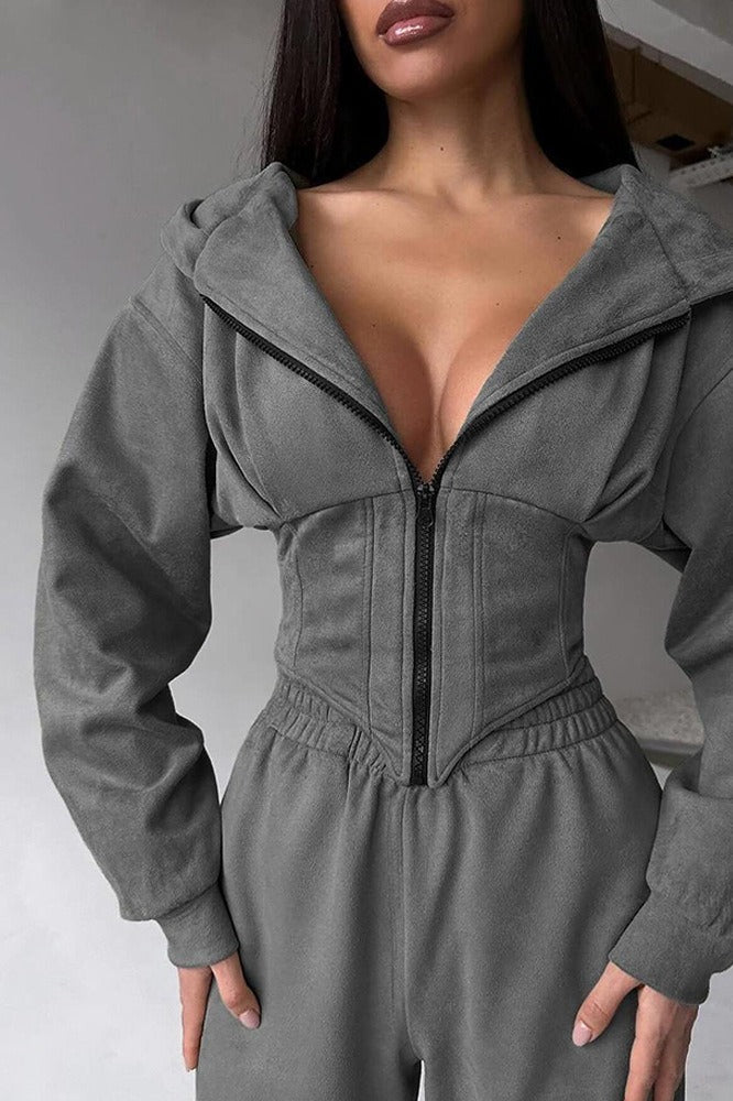 Darvina | Women's Hooded Zip Jumpsuit Set - Sage - Image 3