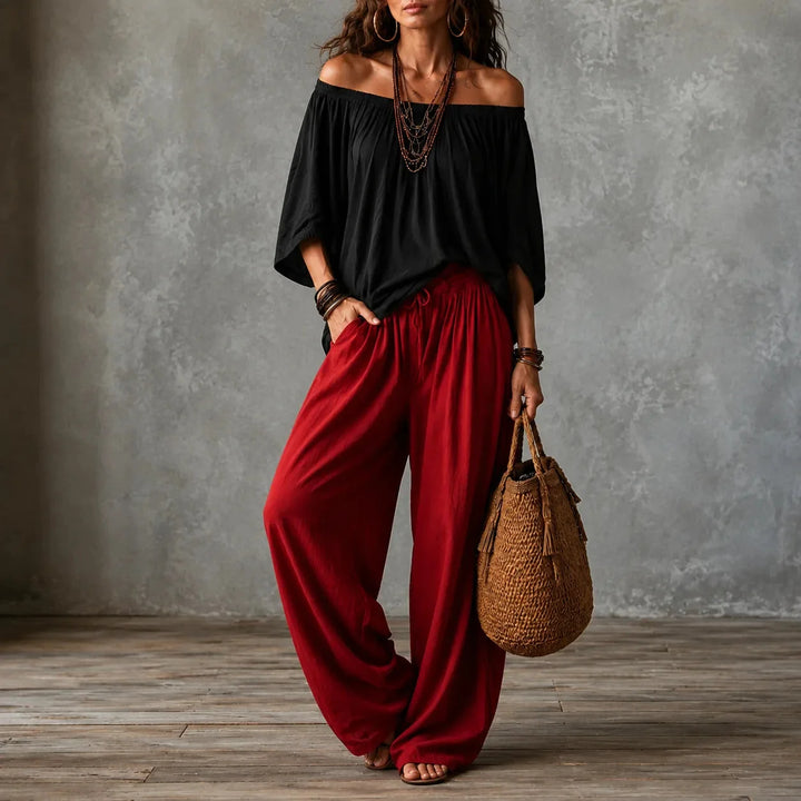 Darvina | Women's Wide Leg Pants & Off-Shoulder Top Set - Black - Image 1