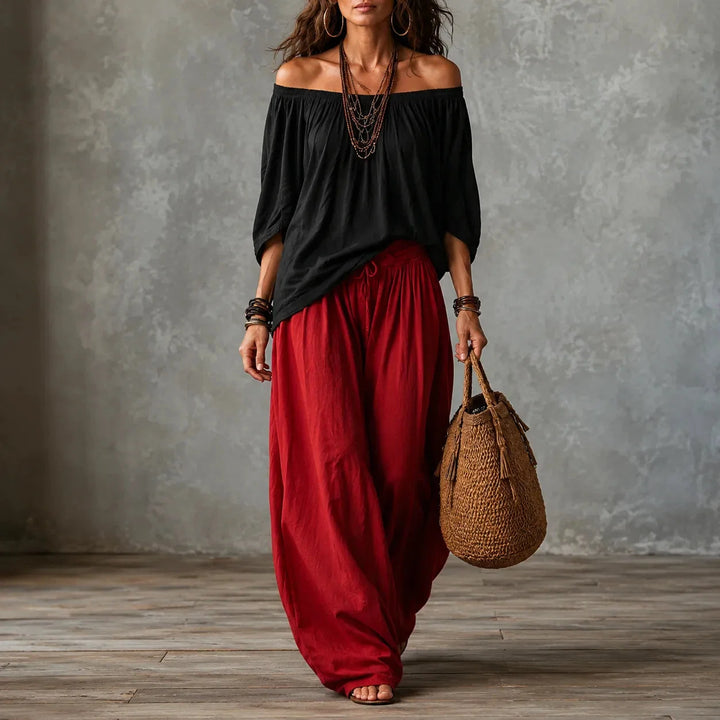 Darvina | Women's Wide Leg Pants & Off-Shoulder Top Set - Black - Image 11
