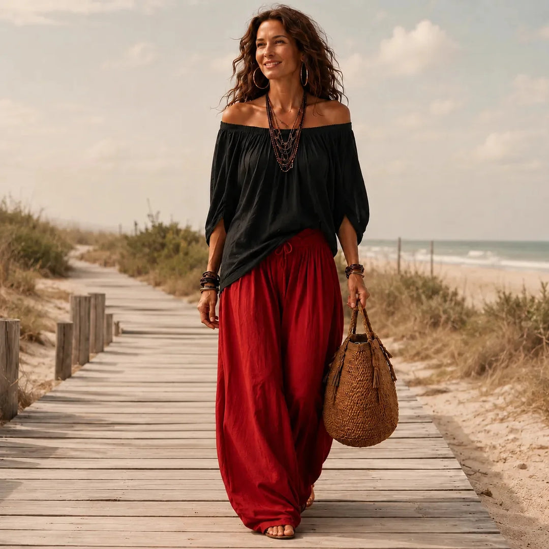 Darvina | Women's Wide Leg Pants & Off-Shoulder Top Set - Black - Image 2