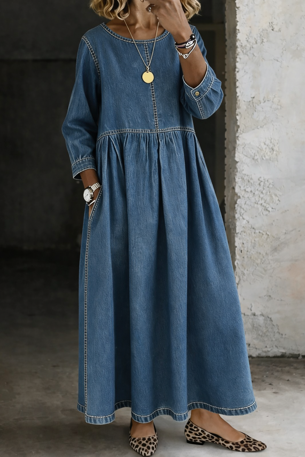 Darvinna | Women's Long Sleeve Pleated Maxi Dress - Image 1