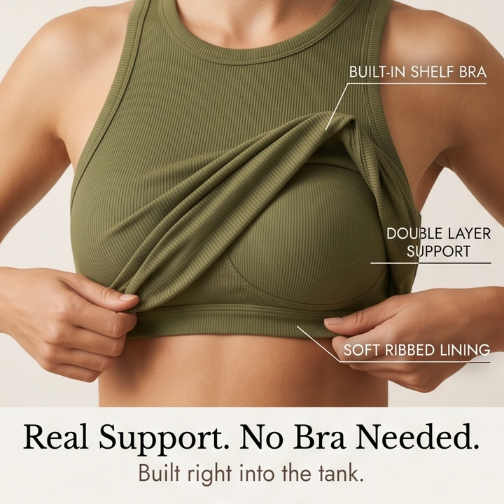 Dawnara | Women's Built-In Bra Ribbed Tank Top - Olive Green - Image 6