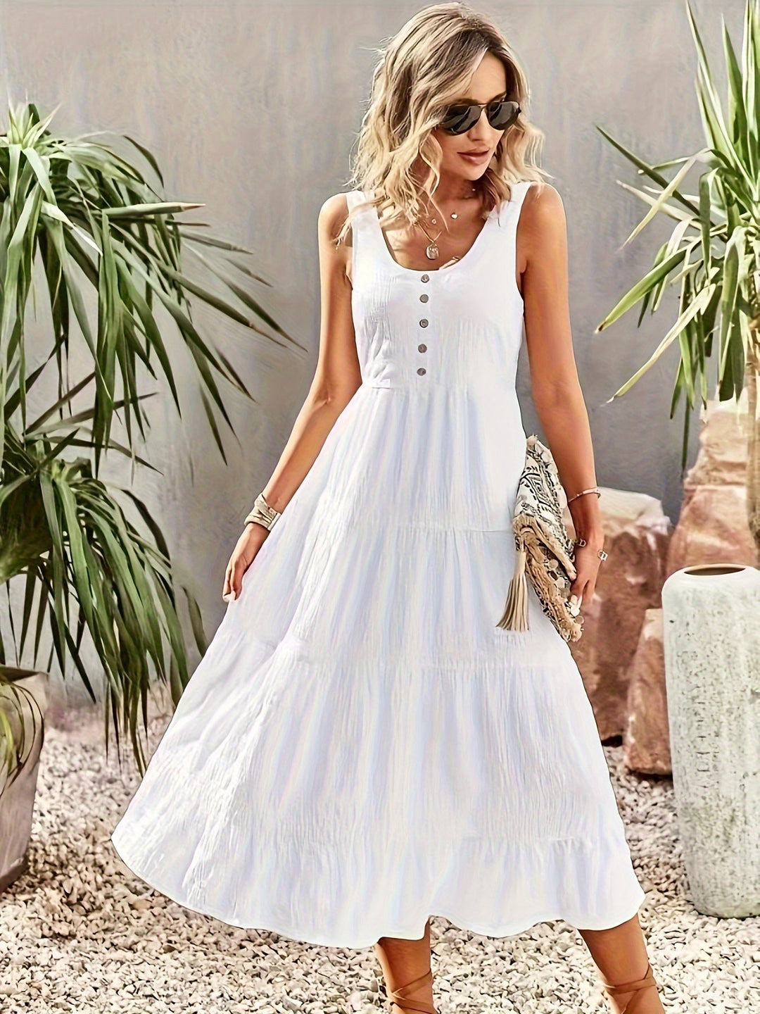 Dawneth | Women's Sleeveless White Midi Dress - White - Image 1