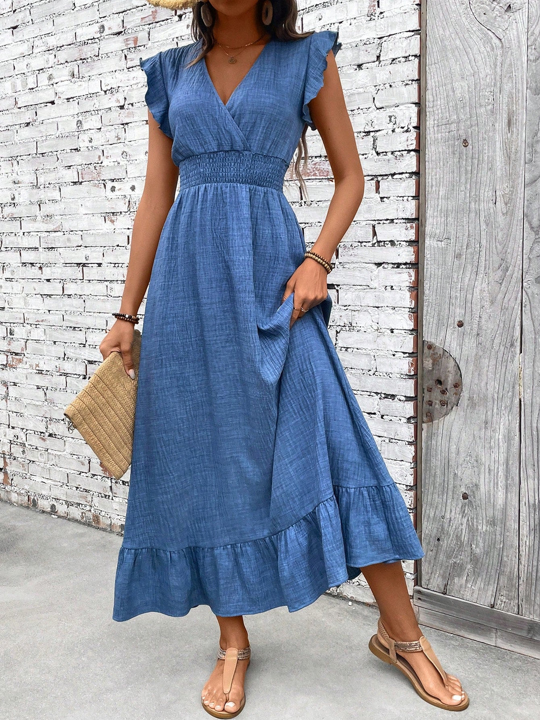 Dawnise | Women's Wrap Maxi Dress Ruffle Hem - Blue - Image 1