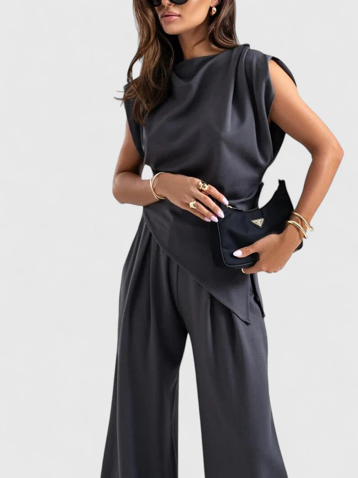Aria | Women's Draped Sleeveless Top Wide Leg Trousers Set