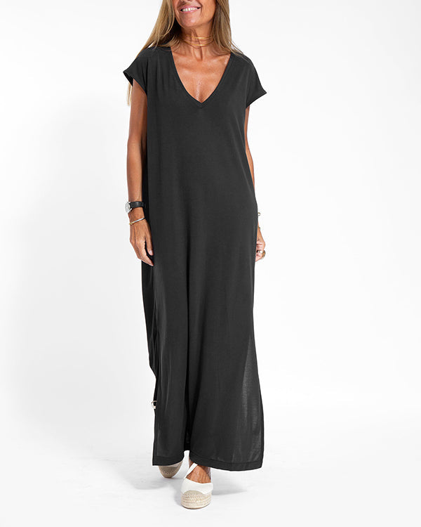Vera | Women's V-Neck Short Sleeve Maxi Dress Side Slit Loose