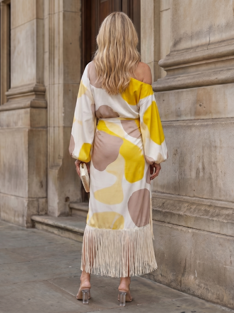 Delara | Women's Abstract Print Fringe Hem Midi Dress - Image 4