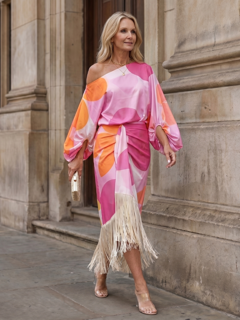 Delara | Women's Abstract Print Fringe Hem Midi Dress - Image 6