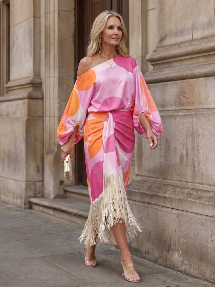 Delara | Women's Abstract Print Fringe Hem Midi Dress - Image 6
