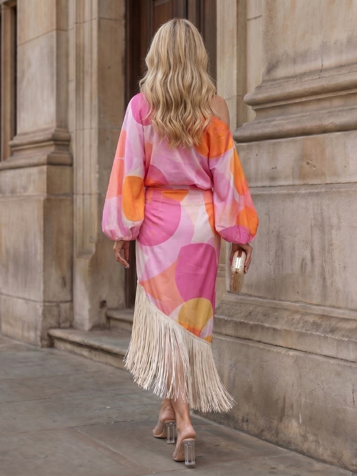 Delara | Women's Abstract Print Fringe Hem Midi Dress - Image 8