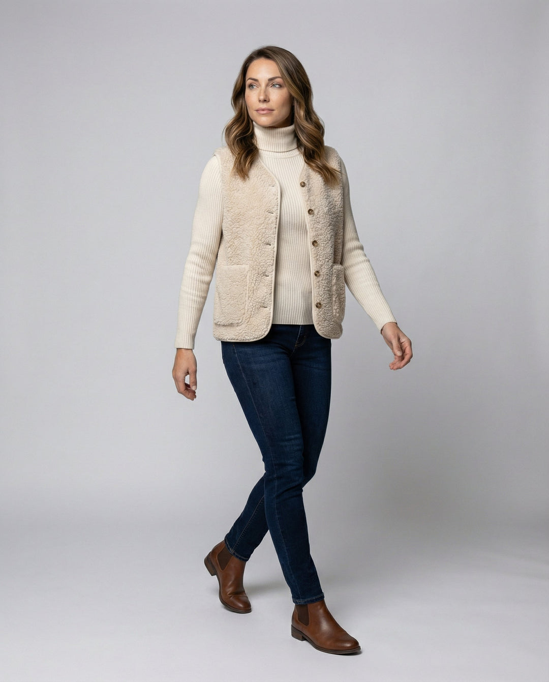 Delilah | Women's Button Front Sherpa Vest - Beige - Image 1